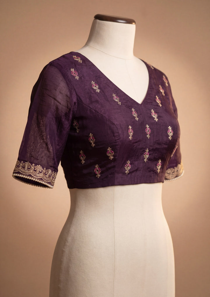 Purple Georgette Kashmiri Saree With Matching Blouse Piece