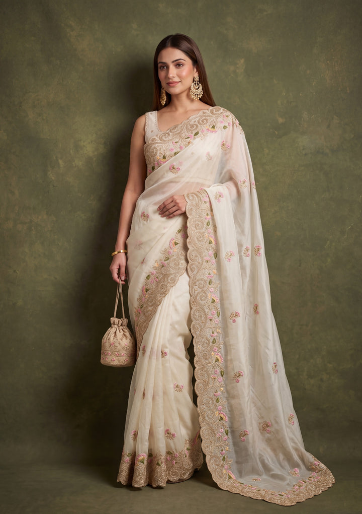 Off White Tissue Threadwork Saree With Matching Blouse Piece