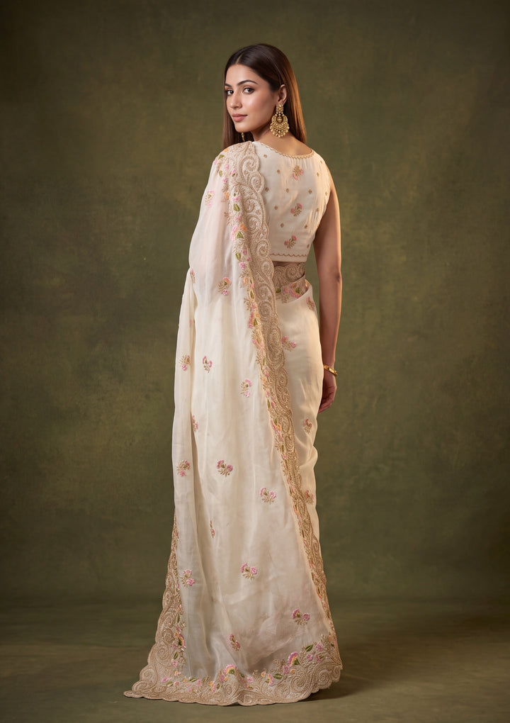 Off White Tissue Threadwork Saree With Matching Blouse Piece