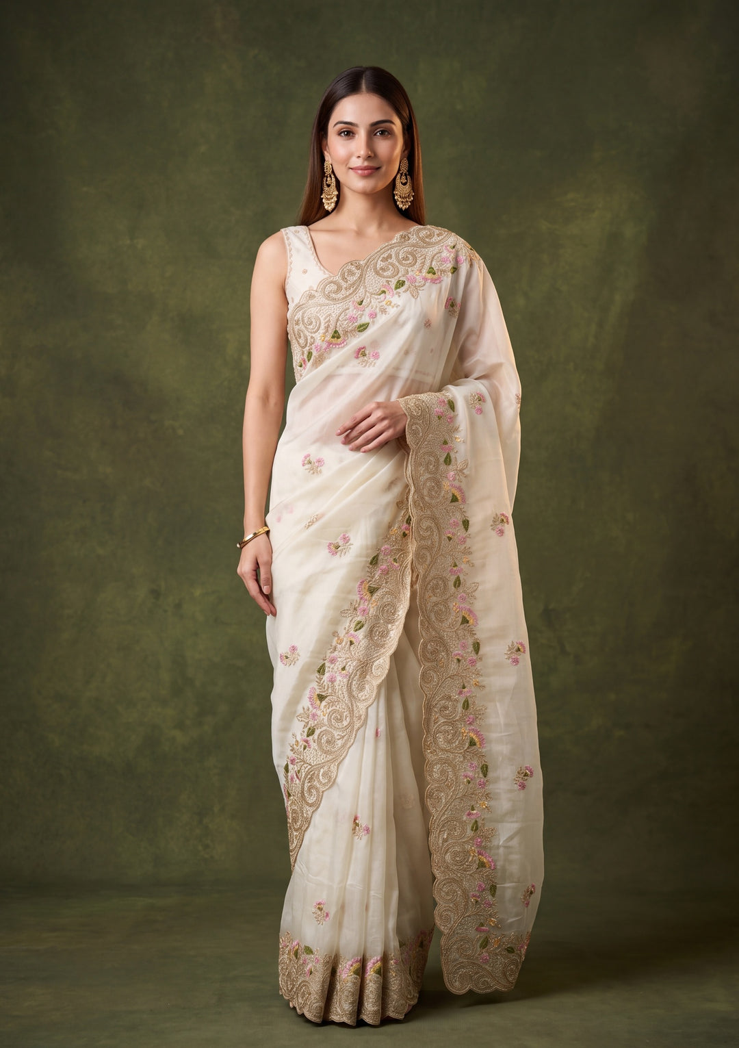 Off White Tissue Threadwork Saree With Matching Blouse Piece