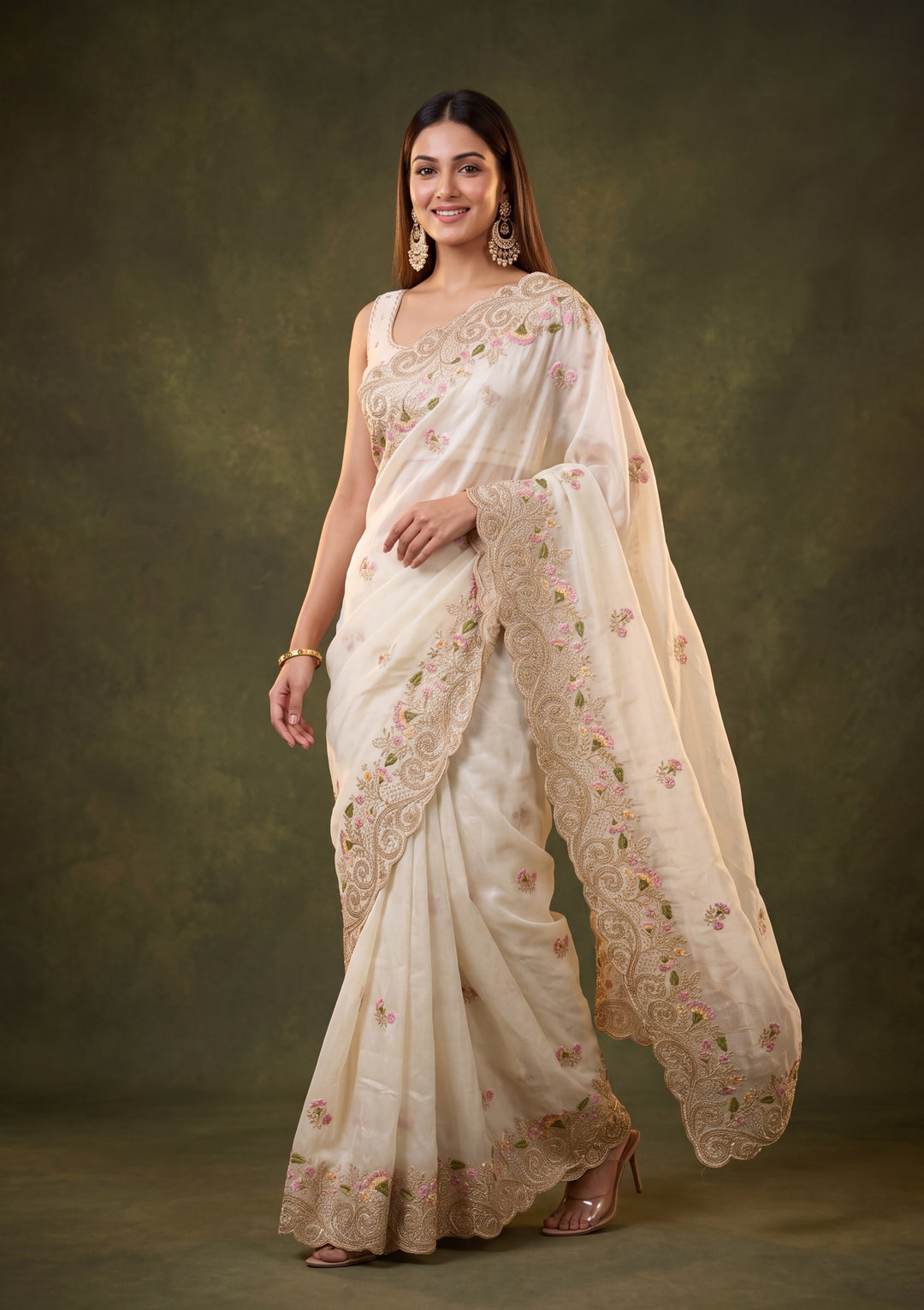 Off White Tissue Threadwork Saree With Matching Blouse Piece