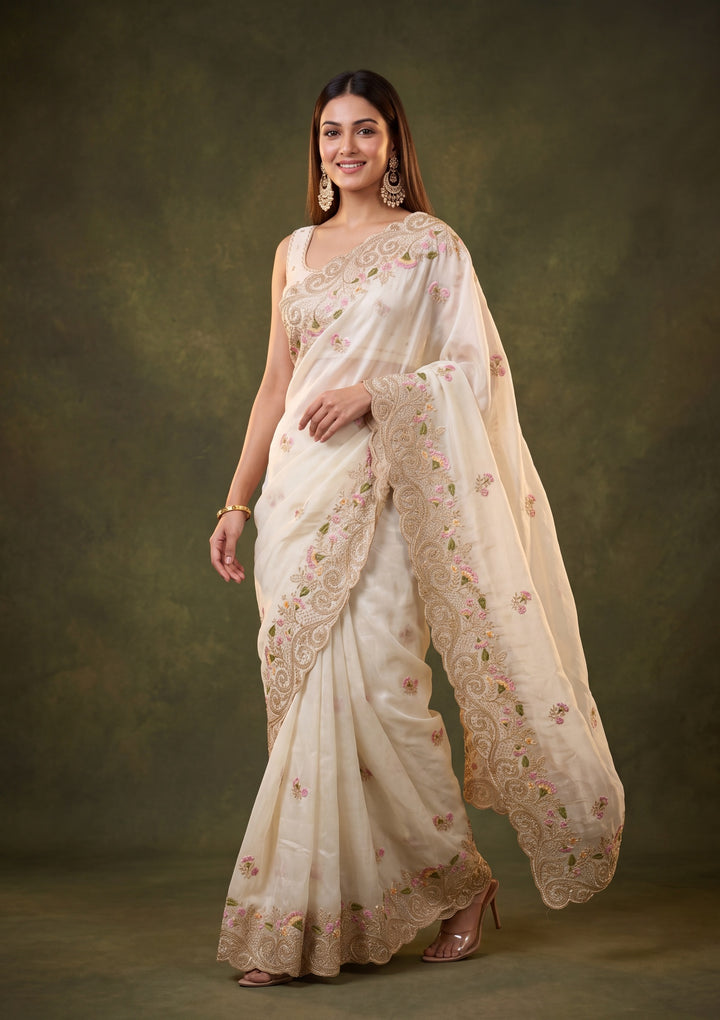 Off White Tissue Threadwork Saree With Matching Blouse Piece