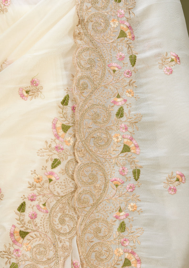 Off White Tissue Threadwork Saree With Matching Blouse Piece