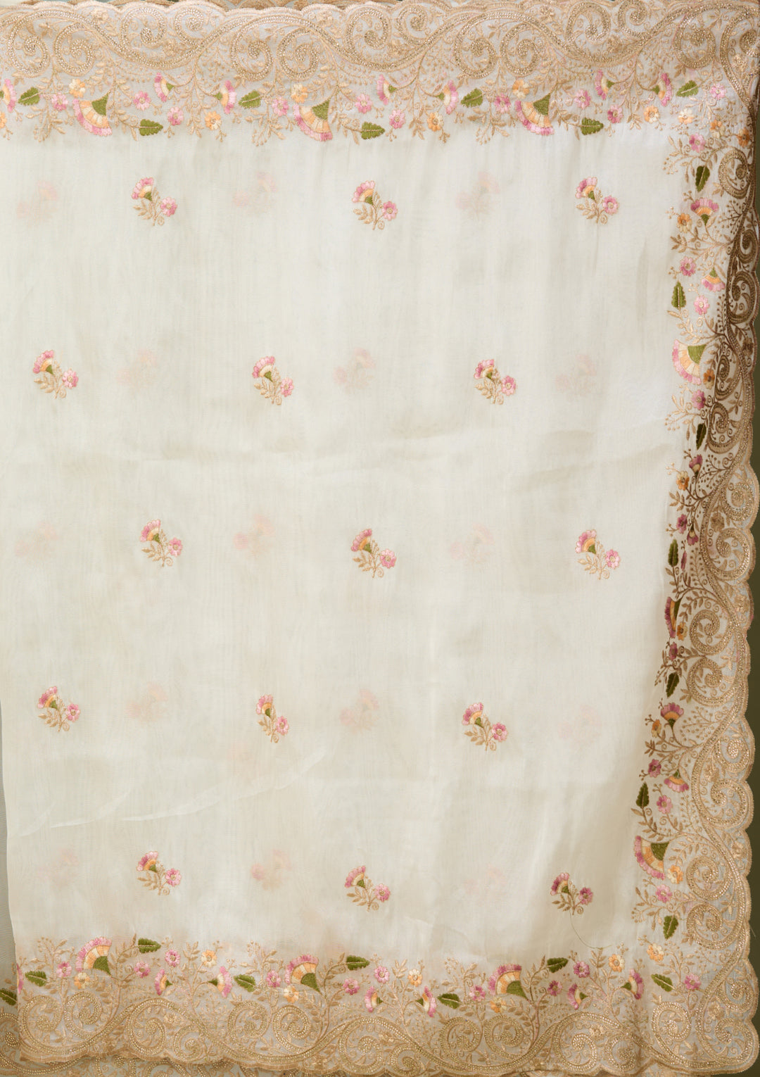 Off White Tissue Threadwork Saree With Matching Blouse Piece