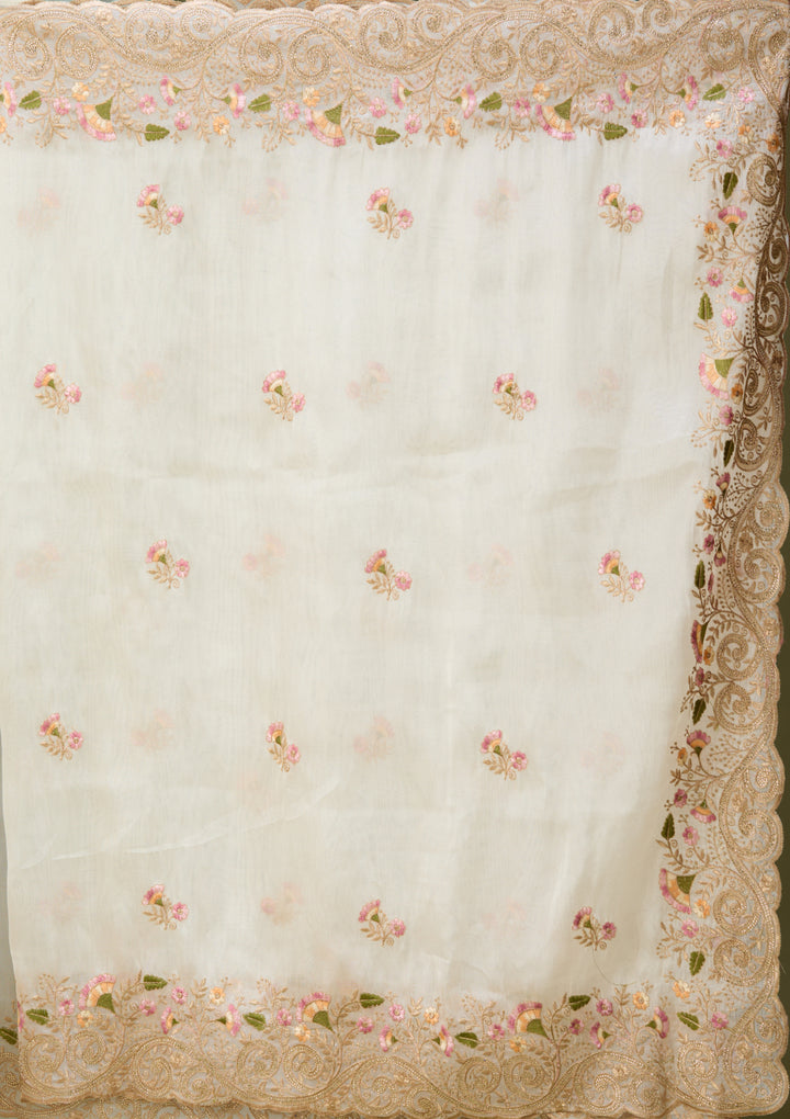 Off White Tissue Threadwork Saree With Matching Blouse Piece