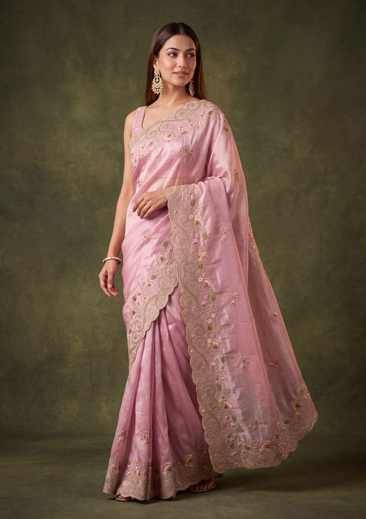 Pink Tissue Threadwork Saree With Matching Blouse Piece