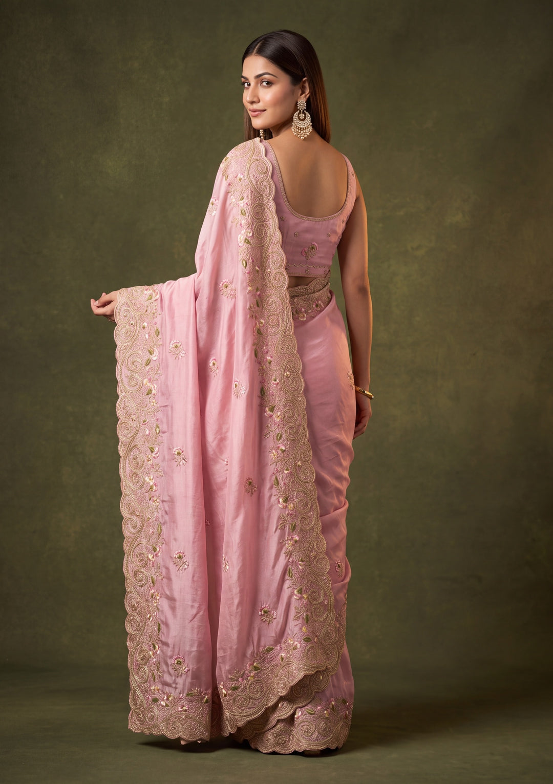 Pink Tissue Threadwork Saree With Matching Blouse Piece