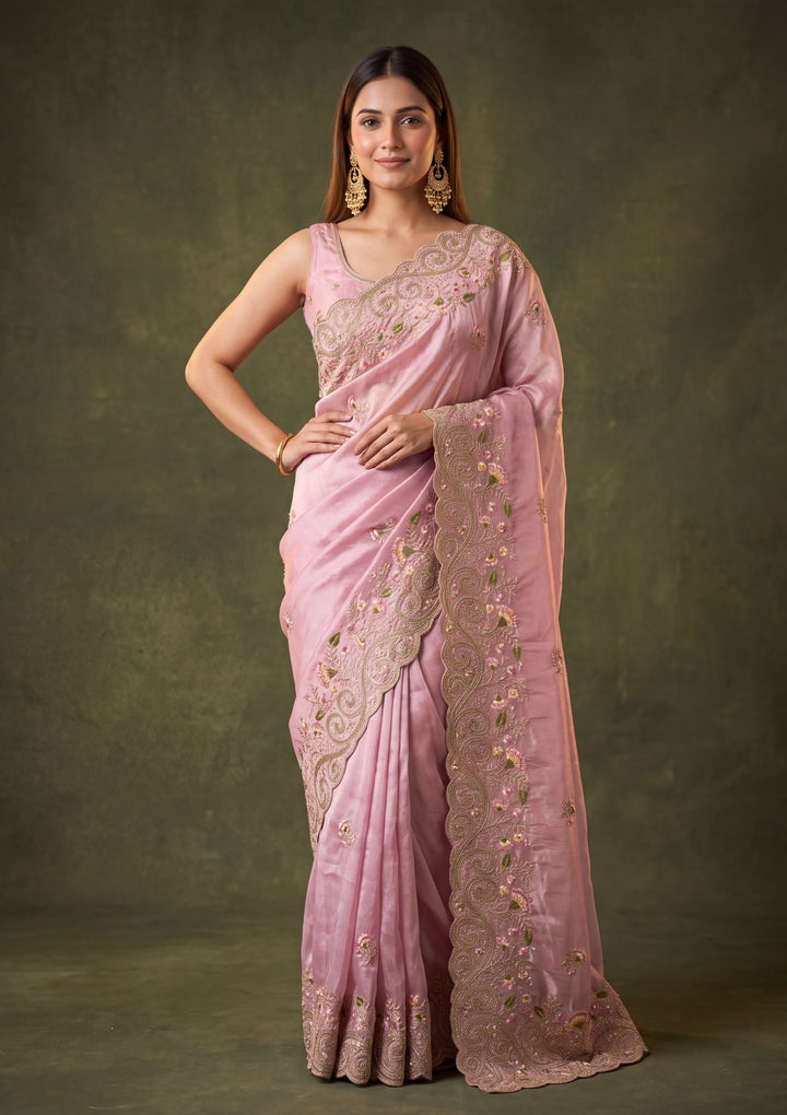 Pink Tissue Threadwork Saree With Matching Blouse Piece
