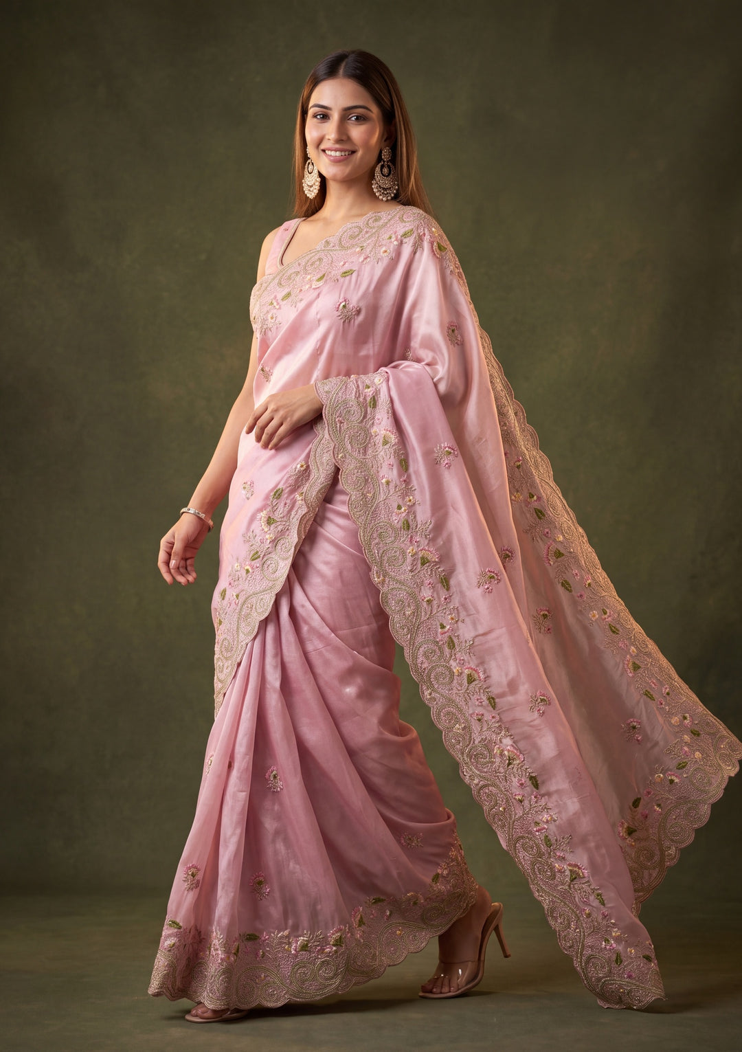 Pink Tissue Threadwork Saree With Matching Blouse Piece