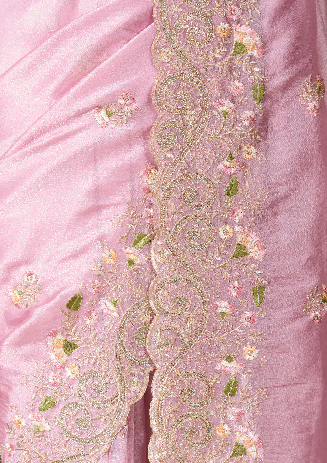 Pink Tissue Threadwork Saree With Matching Blouse Piece