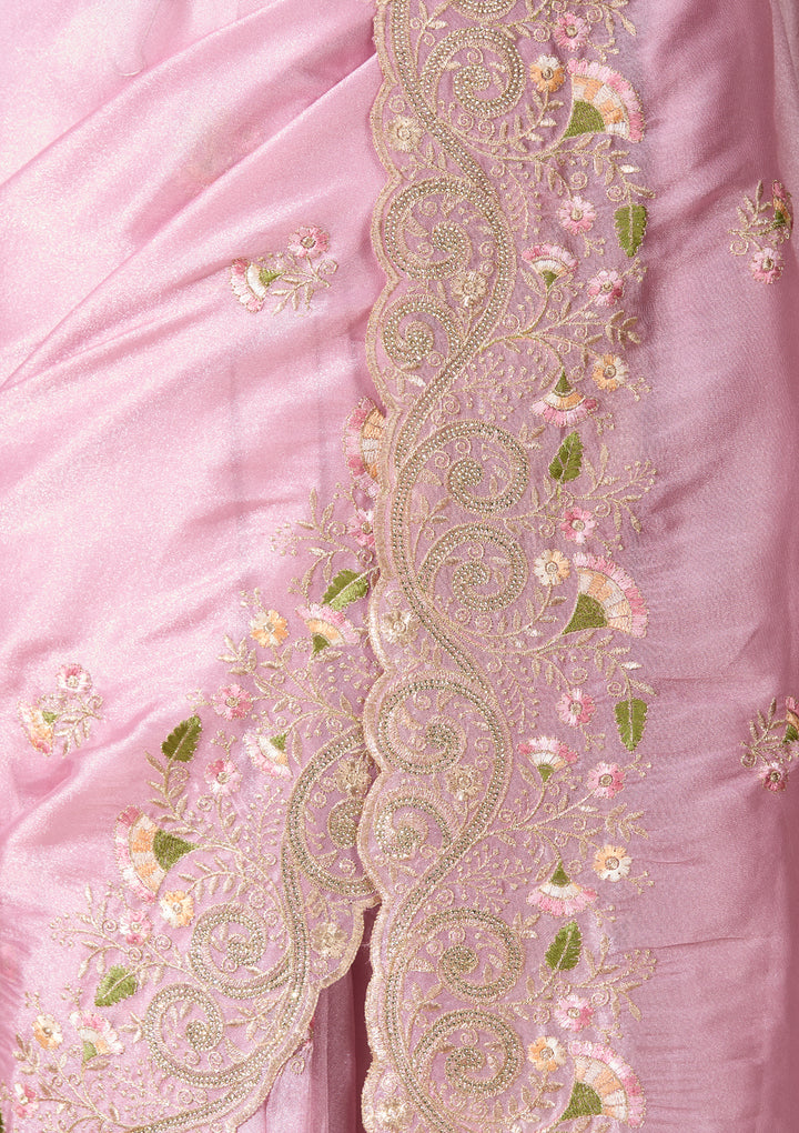Pink Tissue Threadwork Saree With Matching Blouse Piece