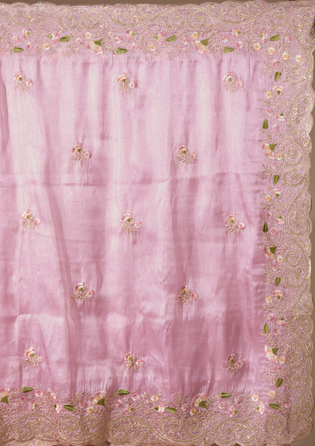 Pink Tissue Threadwork Saree With Matching Blouse Piece