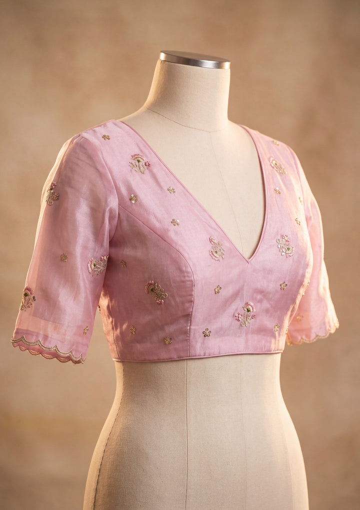 Pink Tissue Threadwork Saree With Matching Blouse Piece