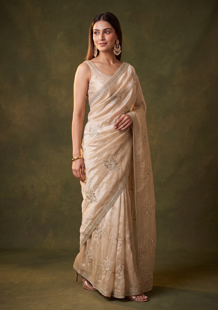 Beige Tissue Sequins Saree With Matching Blouse Piece