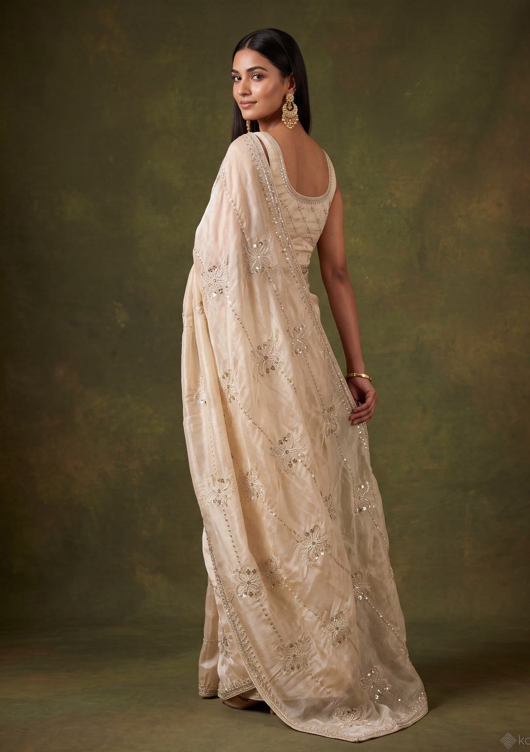 Beige Tissue Sequins Saree With Matching Blouse Piece