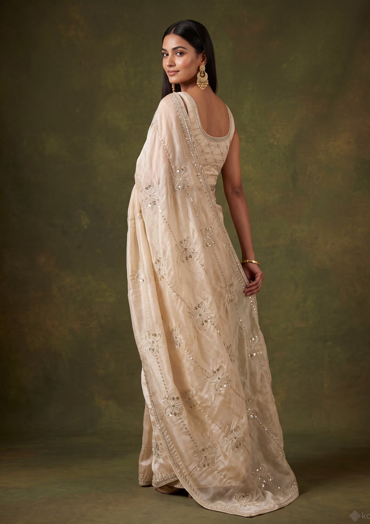Beige Tissue Sequins Saree With Matching Blouse Piece