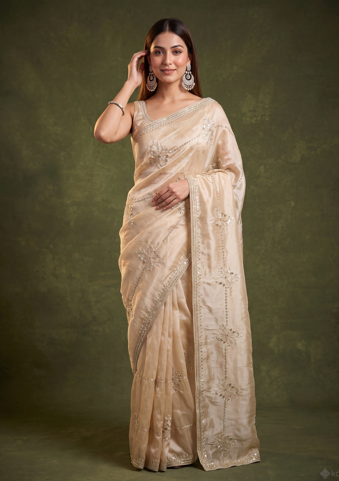 Beige Tissue Sequins Saree With Matching Blouse Piece
