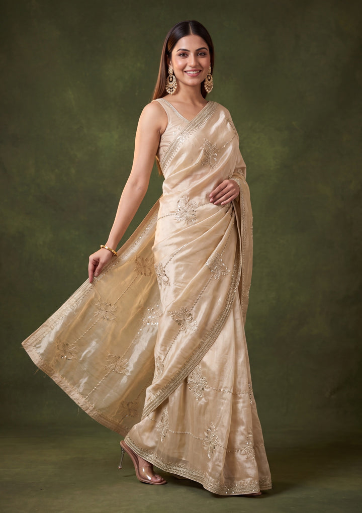 Beige Tissue Sequins Saree With Matching Blouse Piece