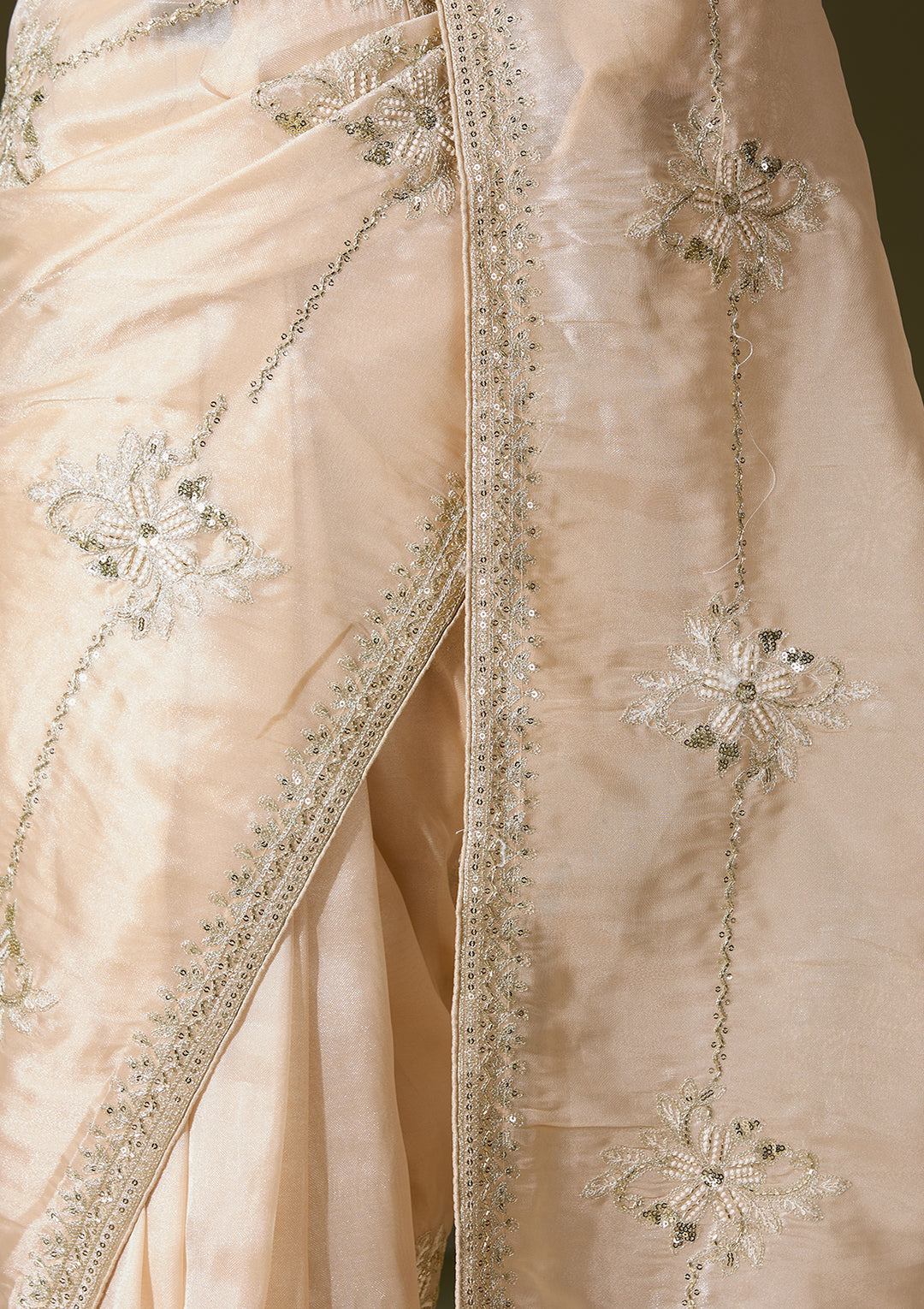 Beige Tissue Sequins Saree With Matching Blouse Piece