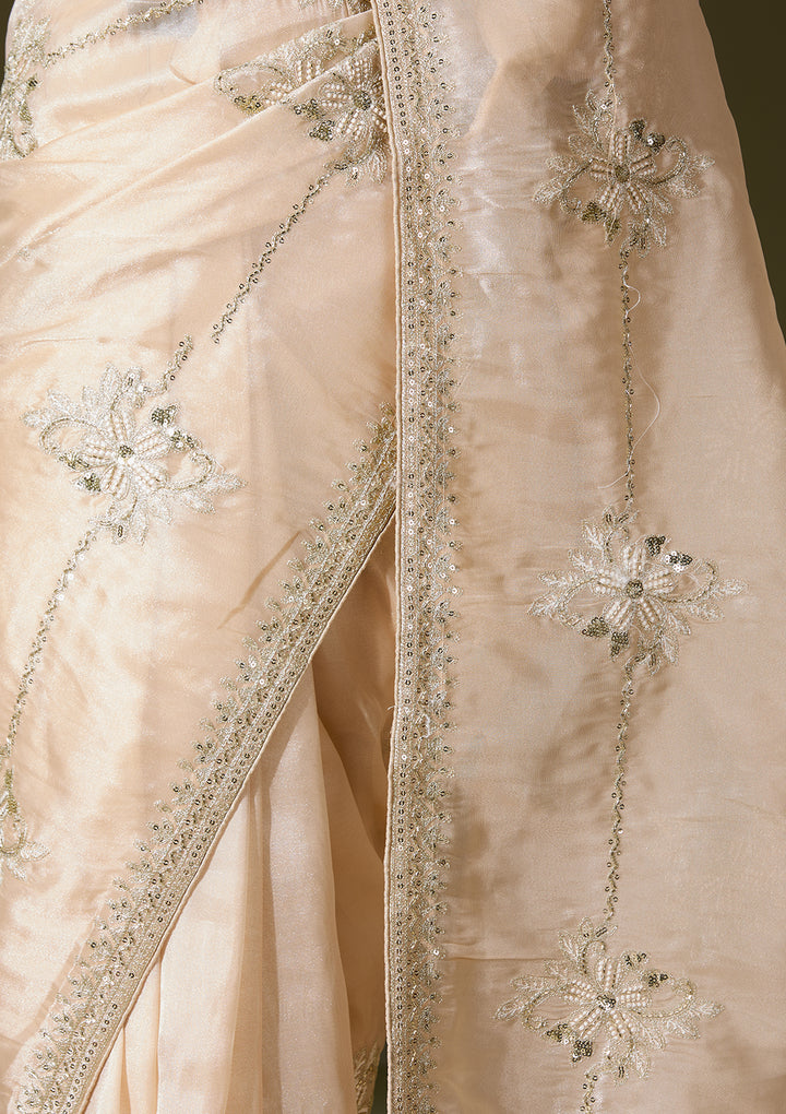 Beige Tissue Sequins Saree With Matching Blouse Piece