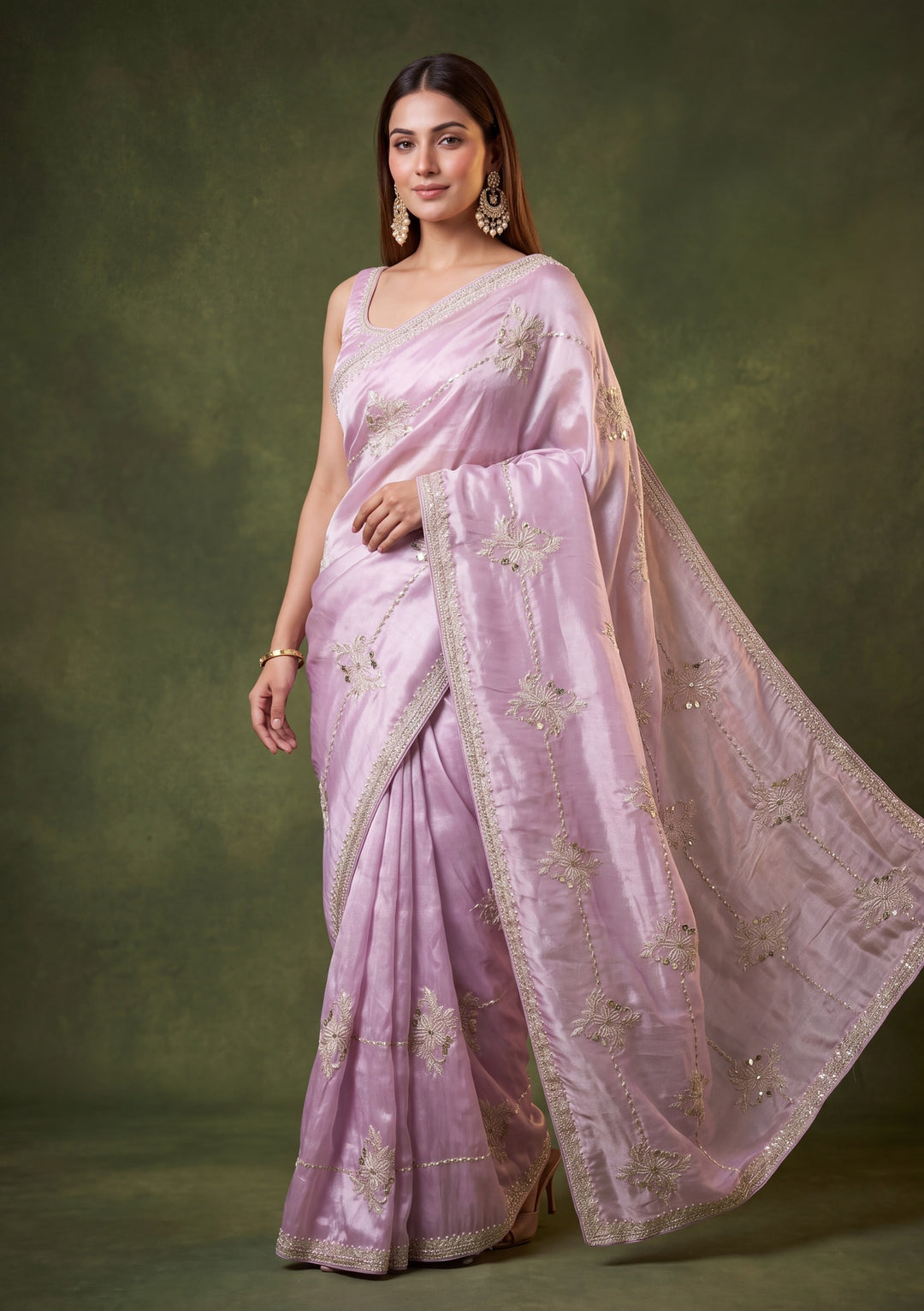 Lavender Tissue Sequins Saree With Matching Blouse Piece