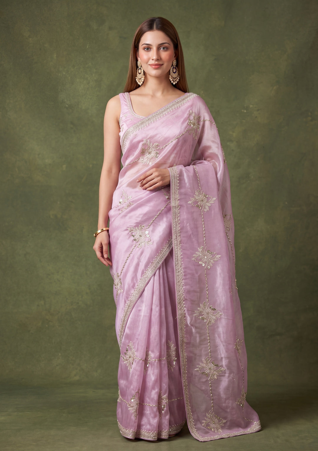 Lavender Tissue Sequins Saree With Matching Blouse Piece