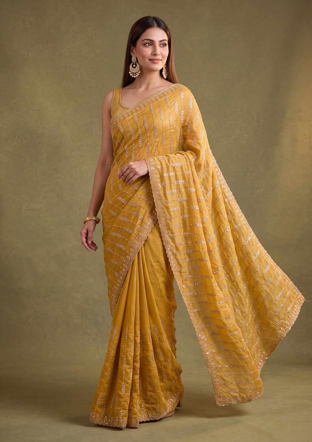Gold Tissue Sequins Saree With Matching Blouse Piece