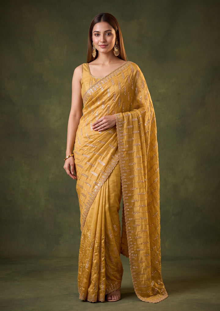 Gold Tissue Sequins Saree With Matching Blouse Piece
