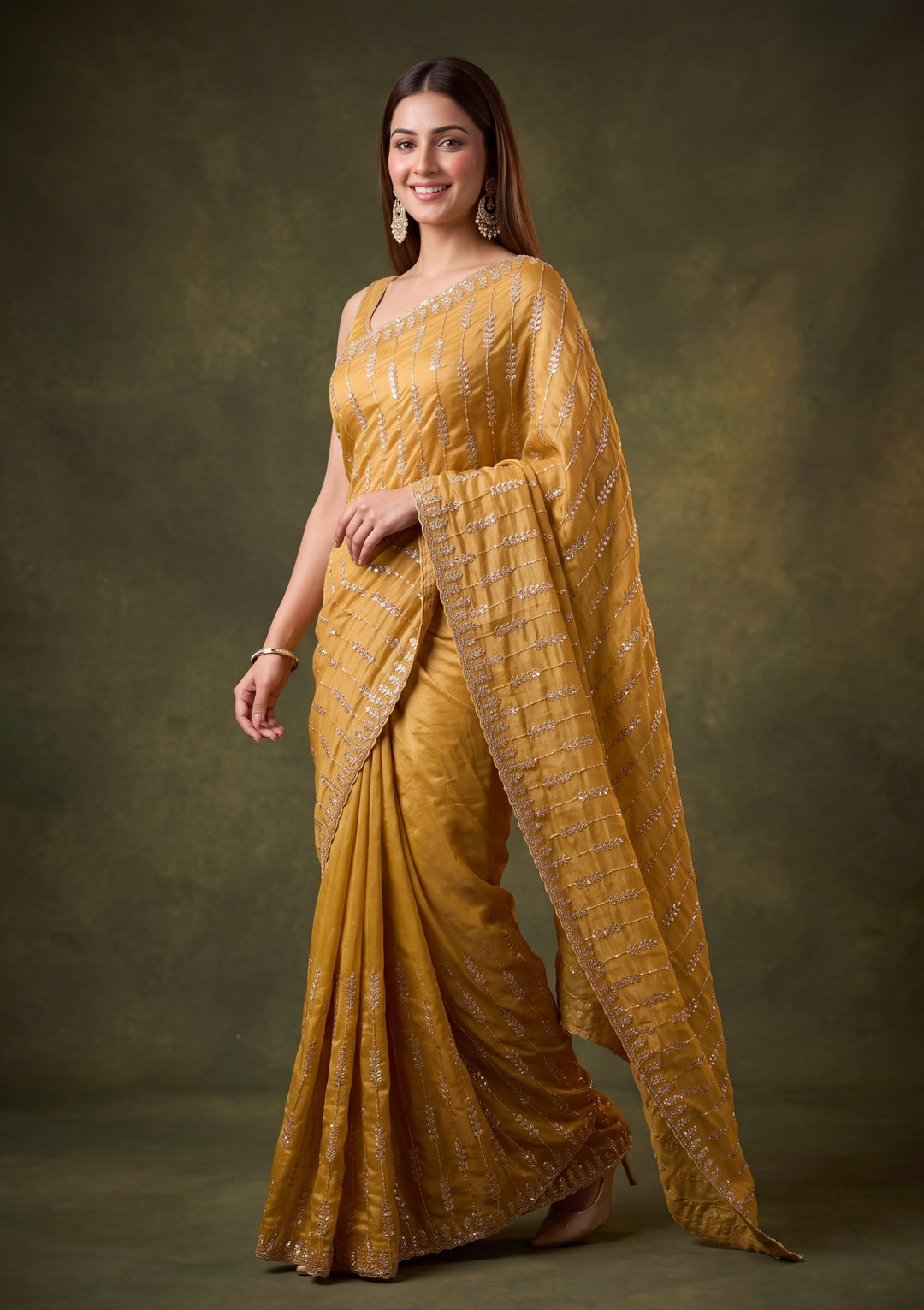 Gold Tissue Sequins Saree With Matching Blouse Piece