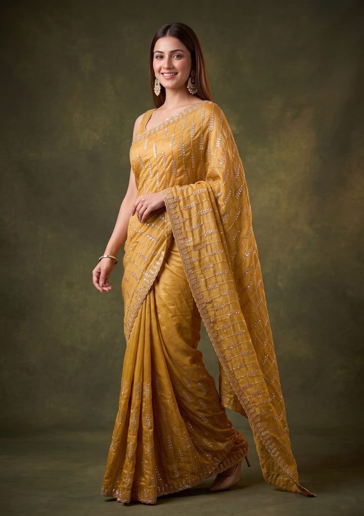 Gold Tissue Sequins Saree With Matching Blouse Piece