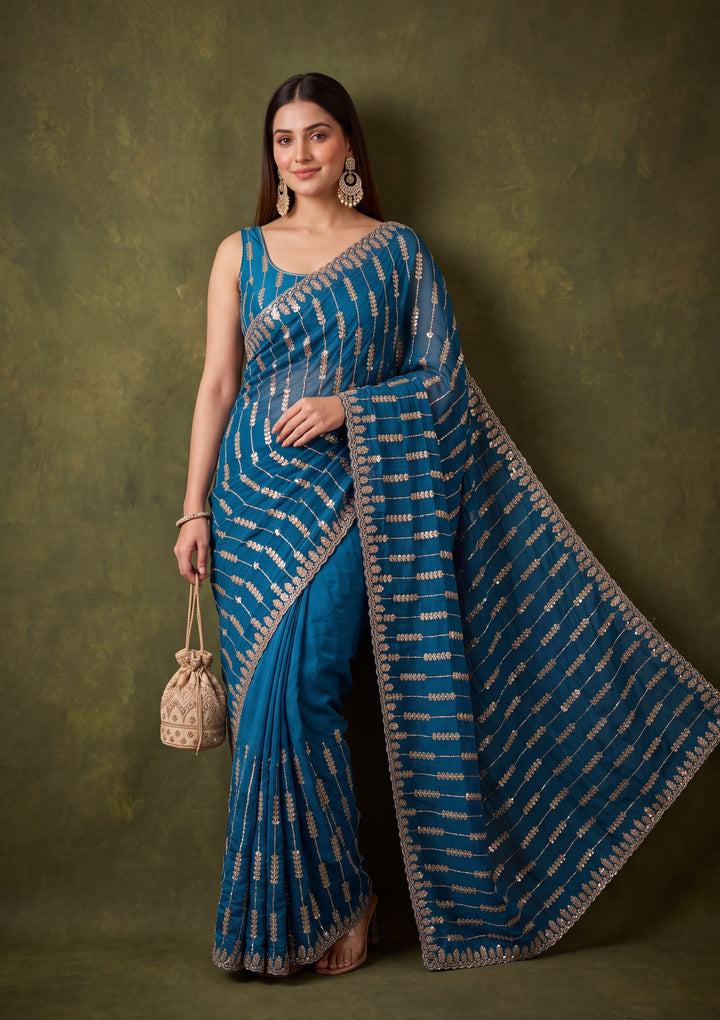 Peacock Blue Tissue Sequins Saree With Matching Blouse Piece