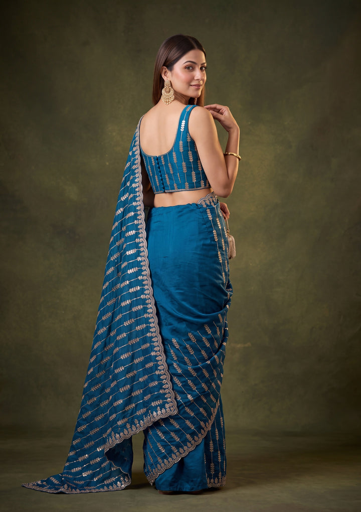 Peacock Blue Tissue Sequins Saree With Matching Blouse Piece