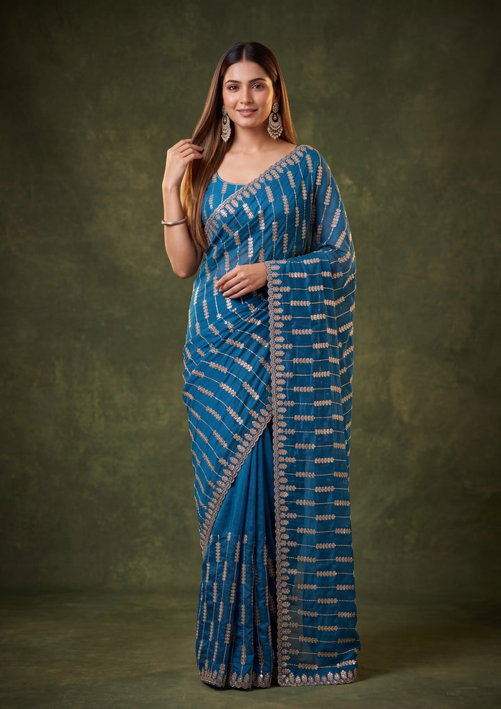 Peacock Blue Tissue Sequins Saree With Matching Blouse Piece