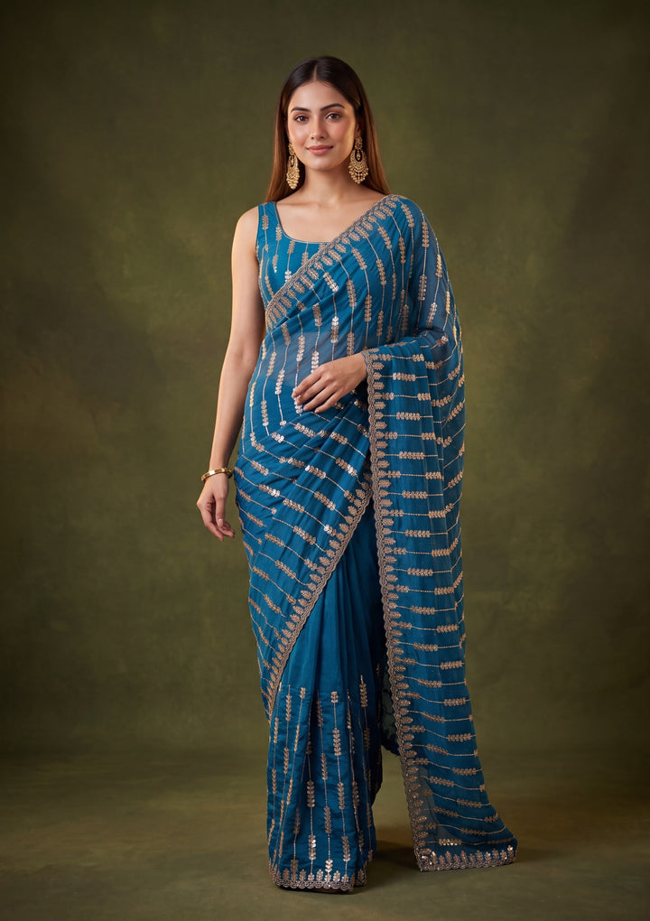 Peacock Blue Tissue Sequins Saree With Matching Blouse Piece