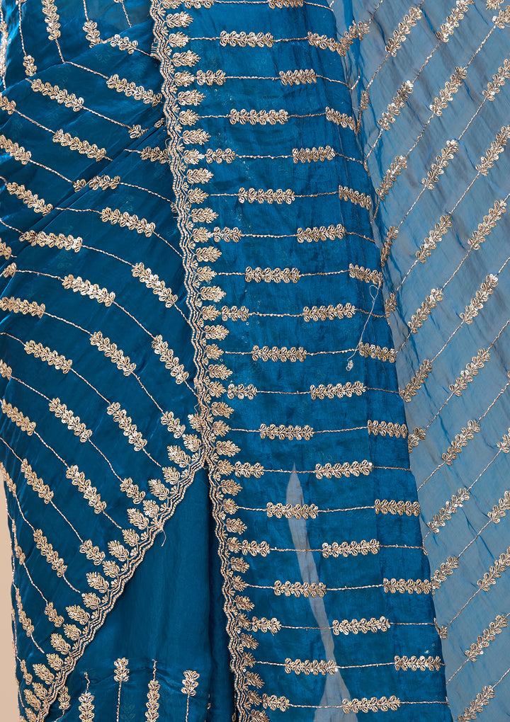 Peacock Blue Tissue Sequins Saree With Matching Blouse Piece