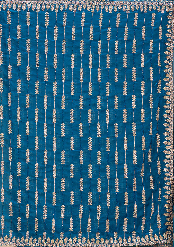 Peacock Blue Tissue Sequins Saree With Matching Blouse Piece