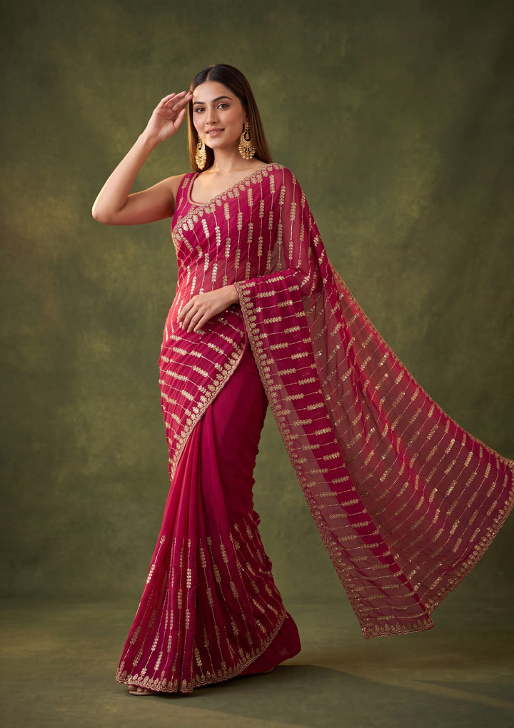 Rani Pink Tissue Cutdana Saree With Matching Blouse Piece