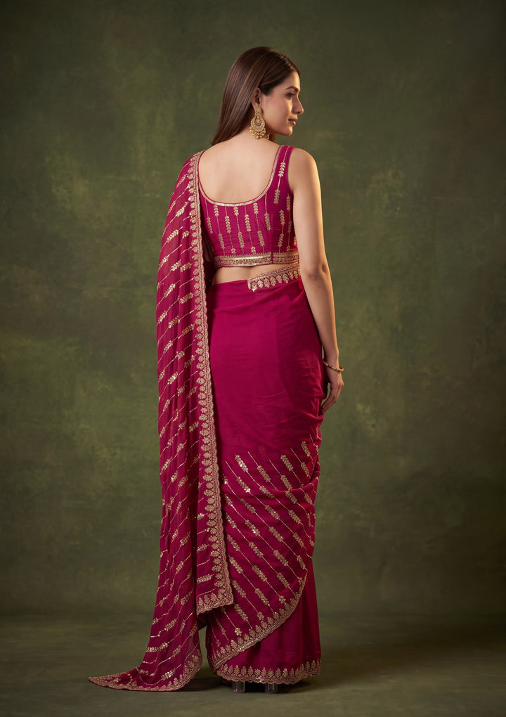 Rani Pink Tissue Cutdana Saree With Matching Blouse Piece