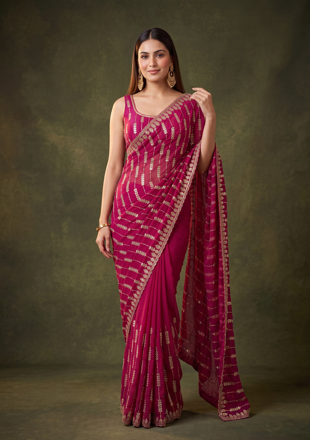 Rani Pink Tissue Cutdana Saree With Matching Blouse Piece