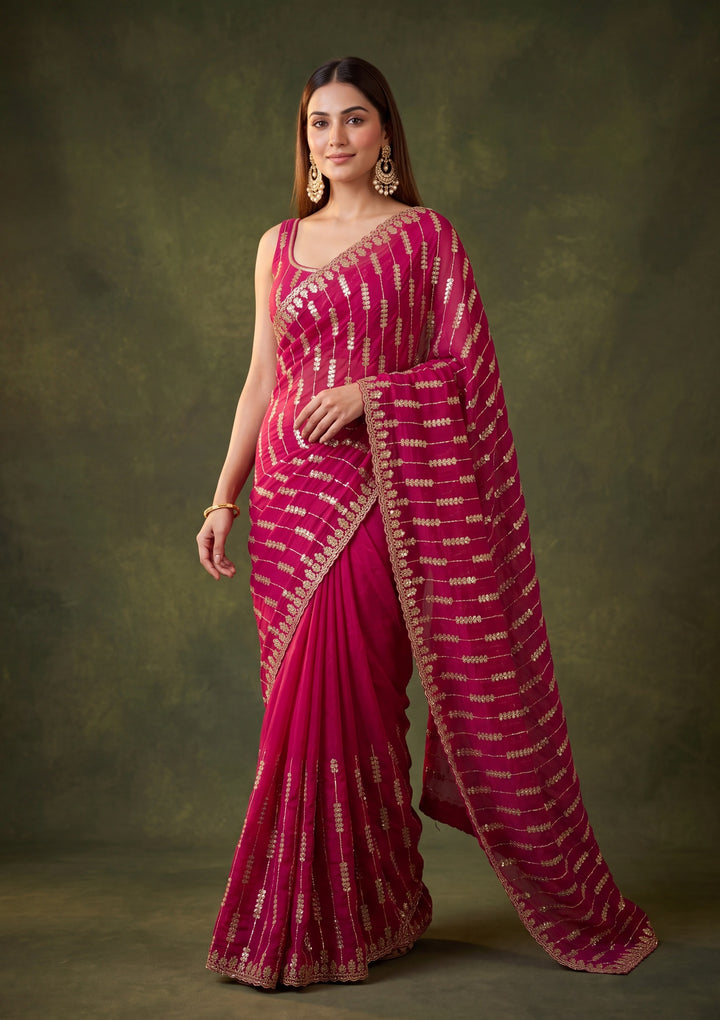 Rani Pink Tissue Cutdana Saree With Matching Blouse Piece