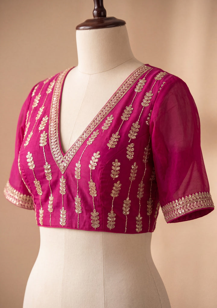 Rani Pink Tissue Cutdana Saree With Matching Blouse Piece