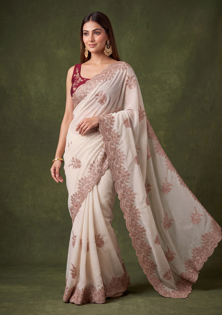 Off White Tissue Gold Stonework Saree With Matching Blouse Piece