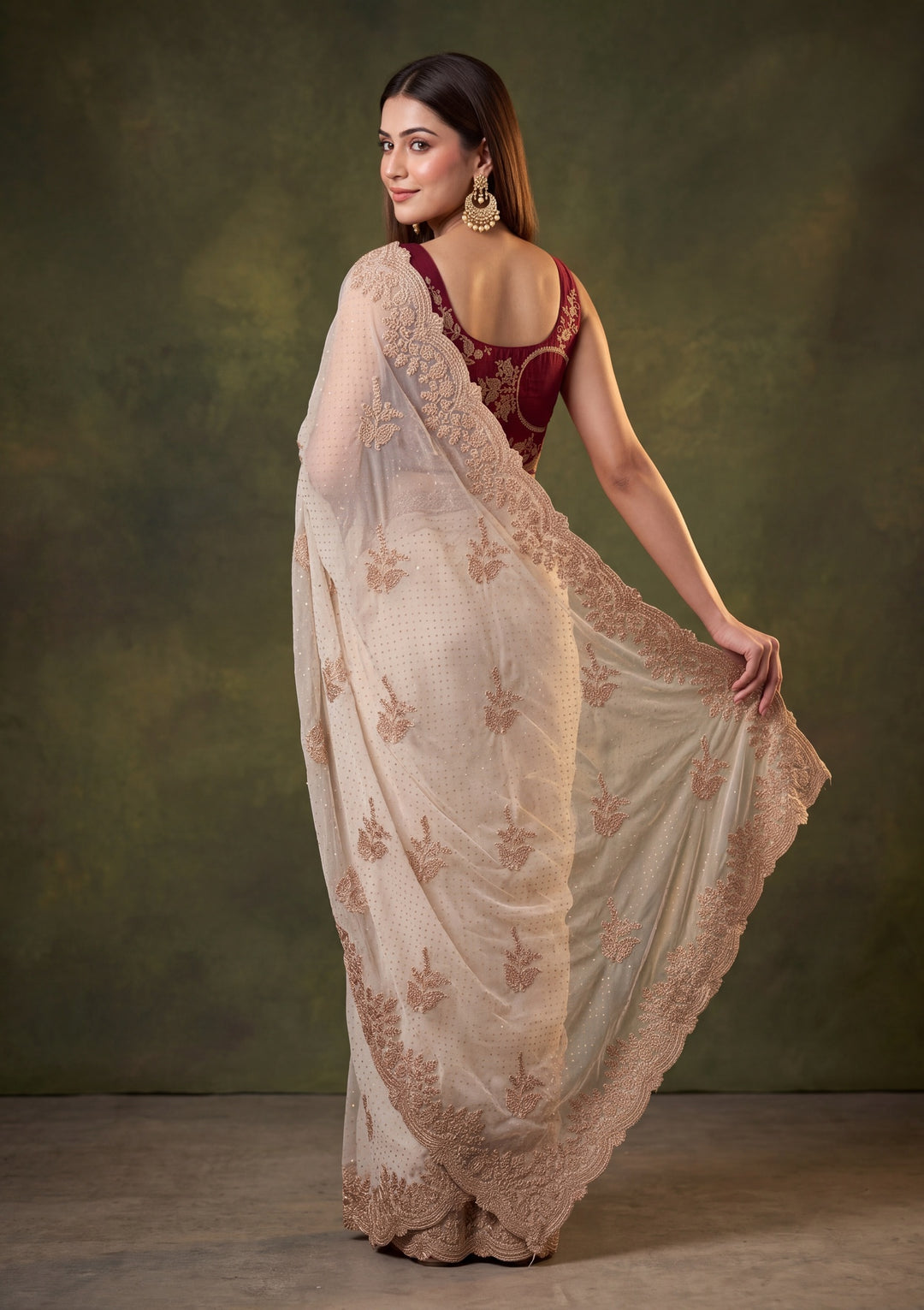 Off White Tissue Gold Stonework Saree With Matching Blouse Piece