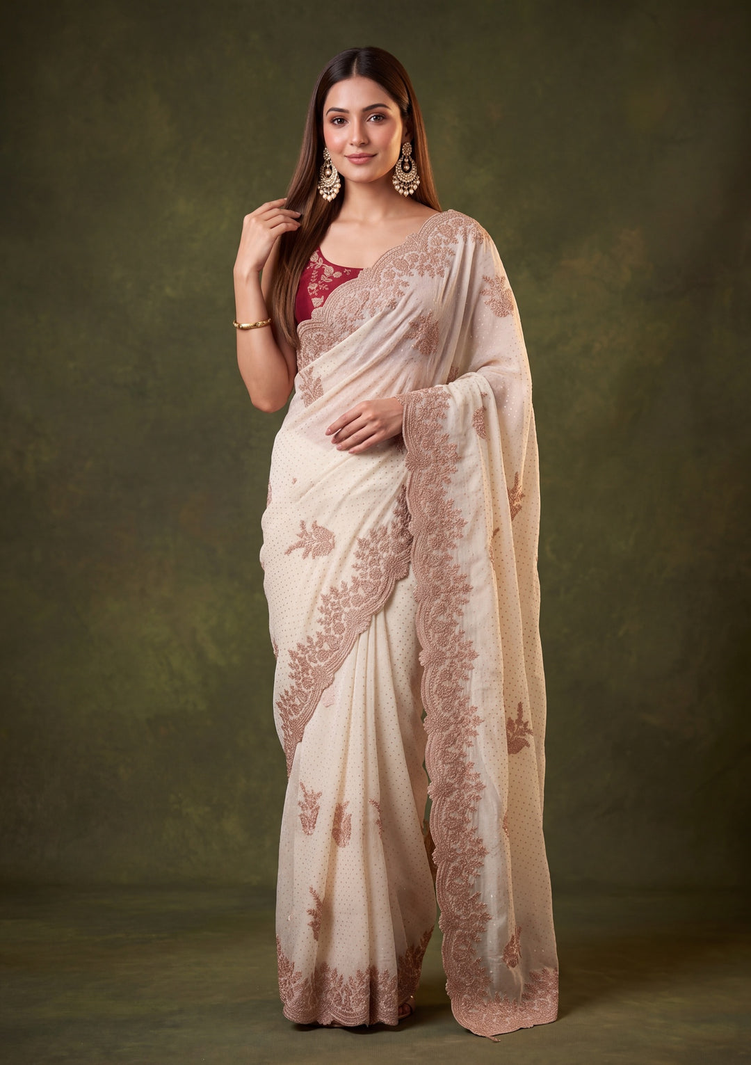 Off White Tissue Gold Stonework Saree With Matching Blouse Piece