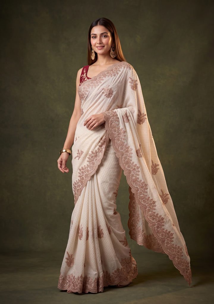 Off White Tissue Gold Stonework Saree With Matching Blouse Piece
