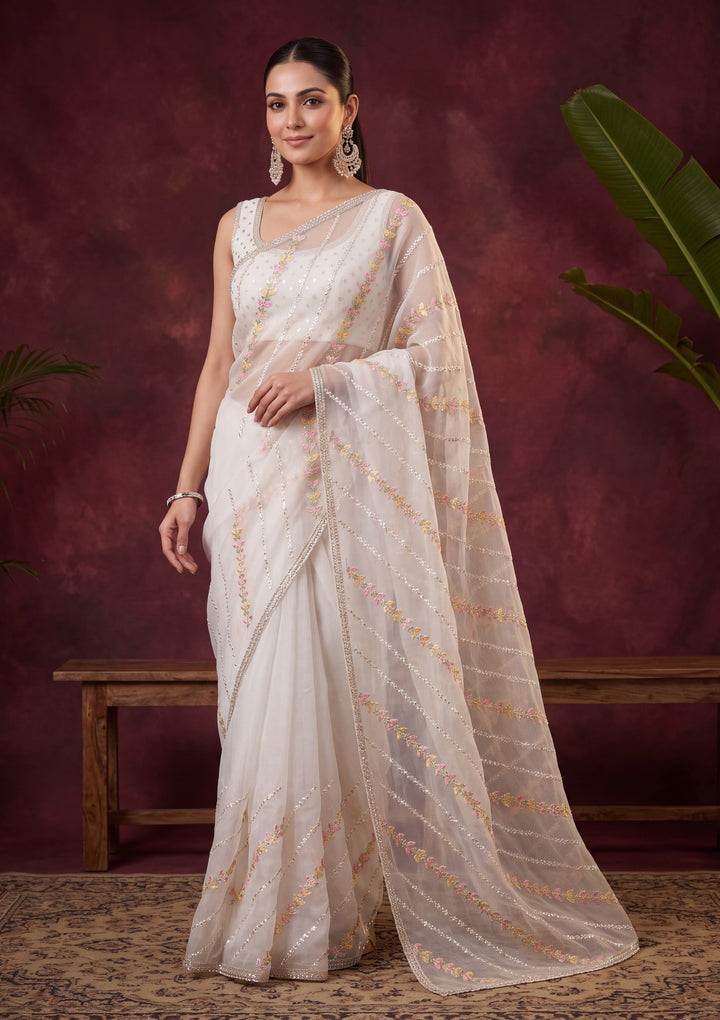 Off White Tissue Threadwork Saree With Matching Blouse Piece
