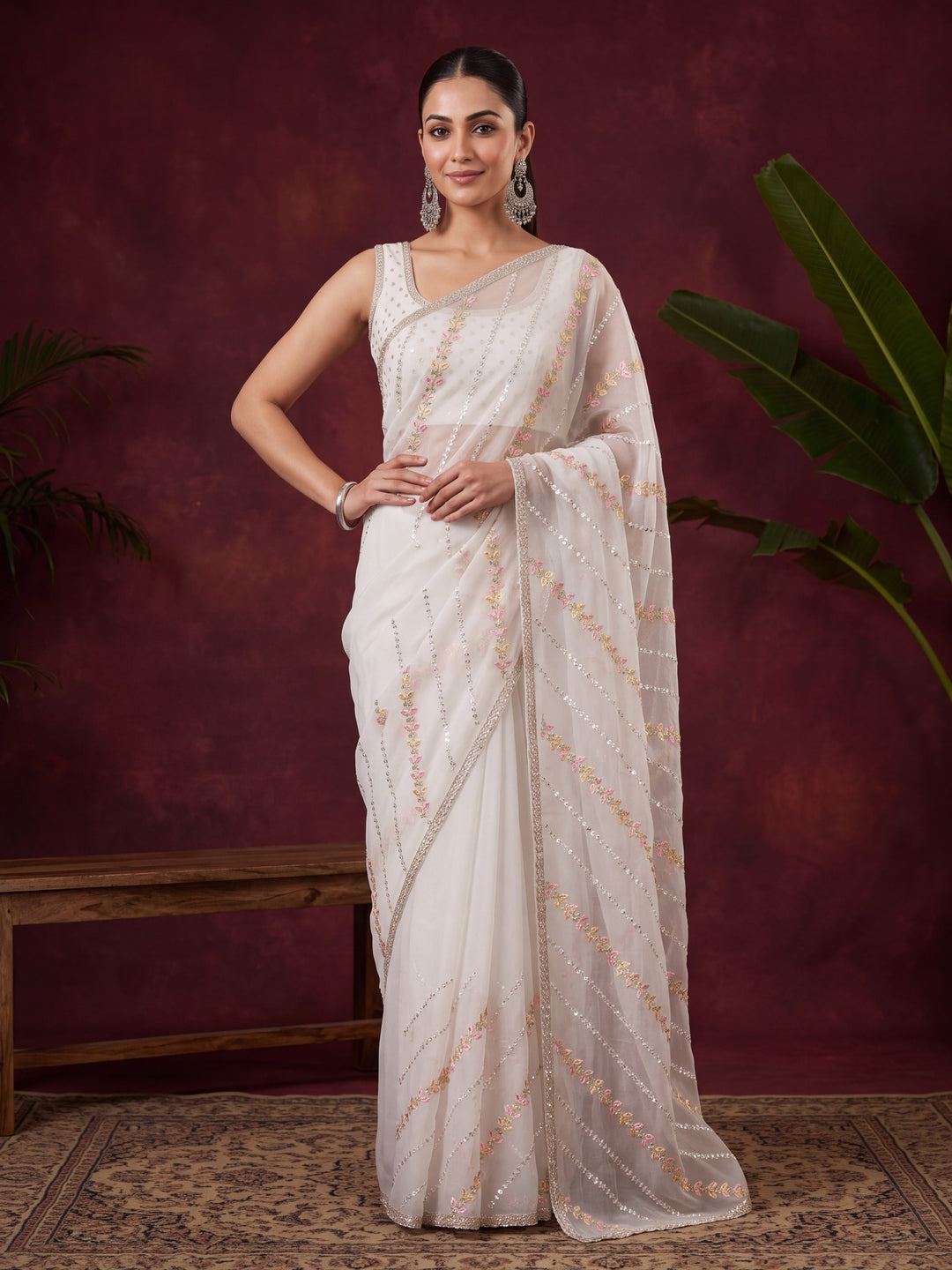 Off White Tissue Threadwork Saree With Matching Blouse Piece