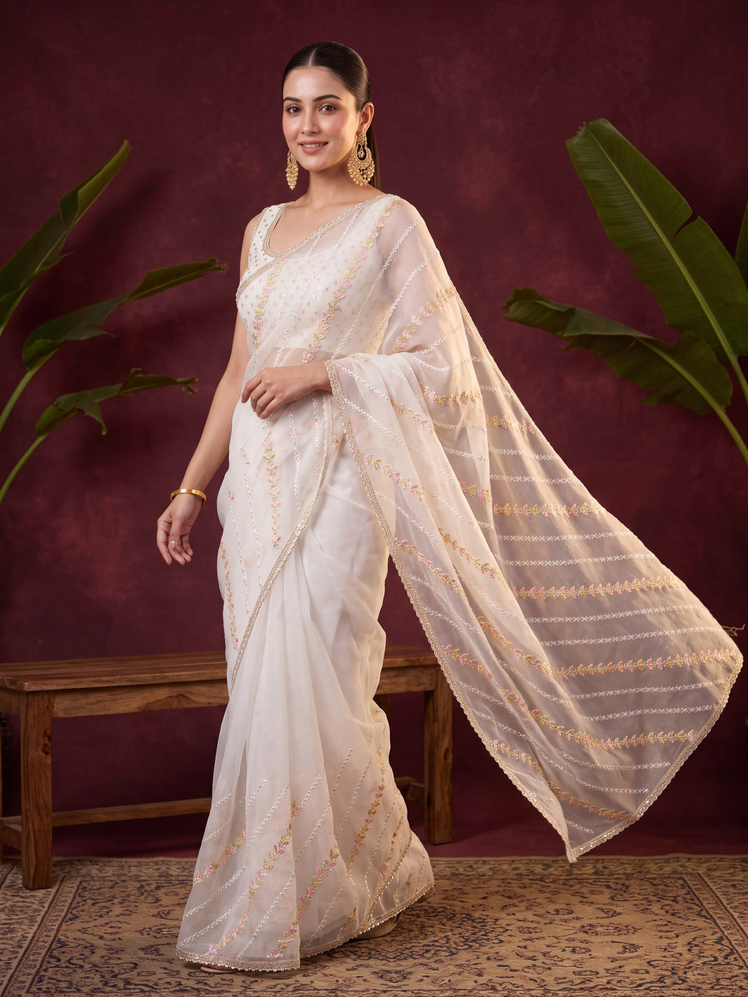 Off White Tissue Threadwork Saree With Matching Blouse Piece