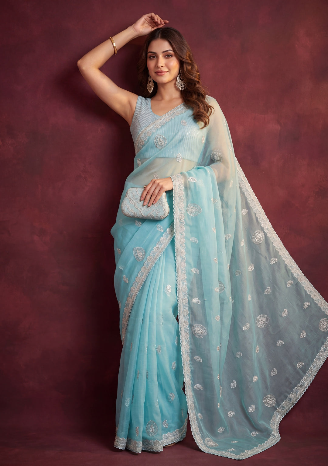 Sky Blue Tissue Silver Zariwork Saree With Matching Blouse Piece