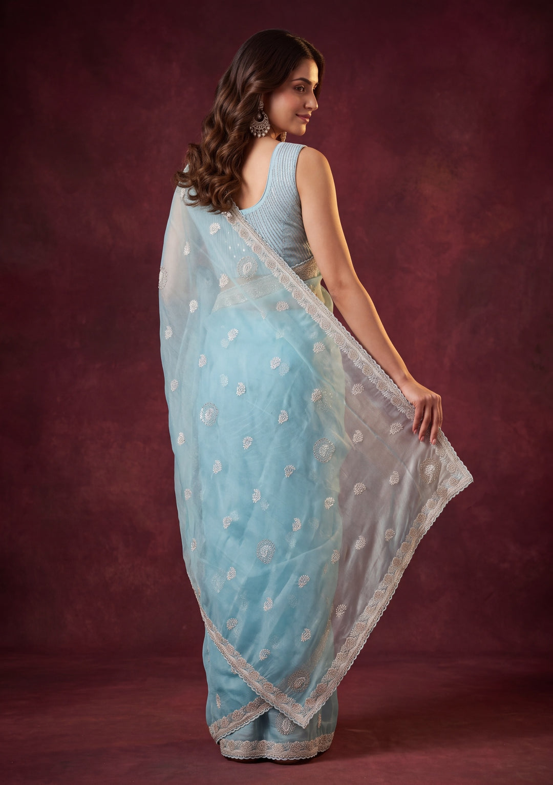 Sky Blue Tissue Silver Zariwork Saree With Matching Blouse Piece